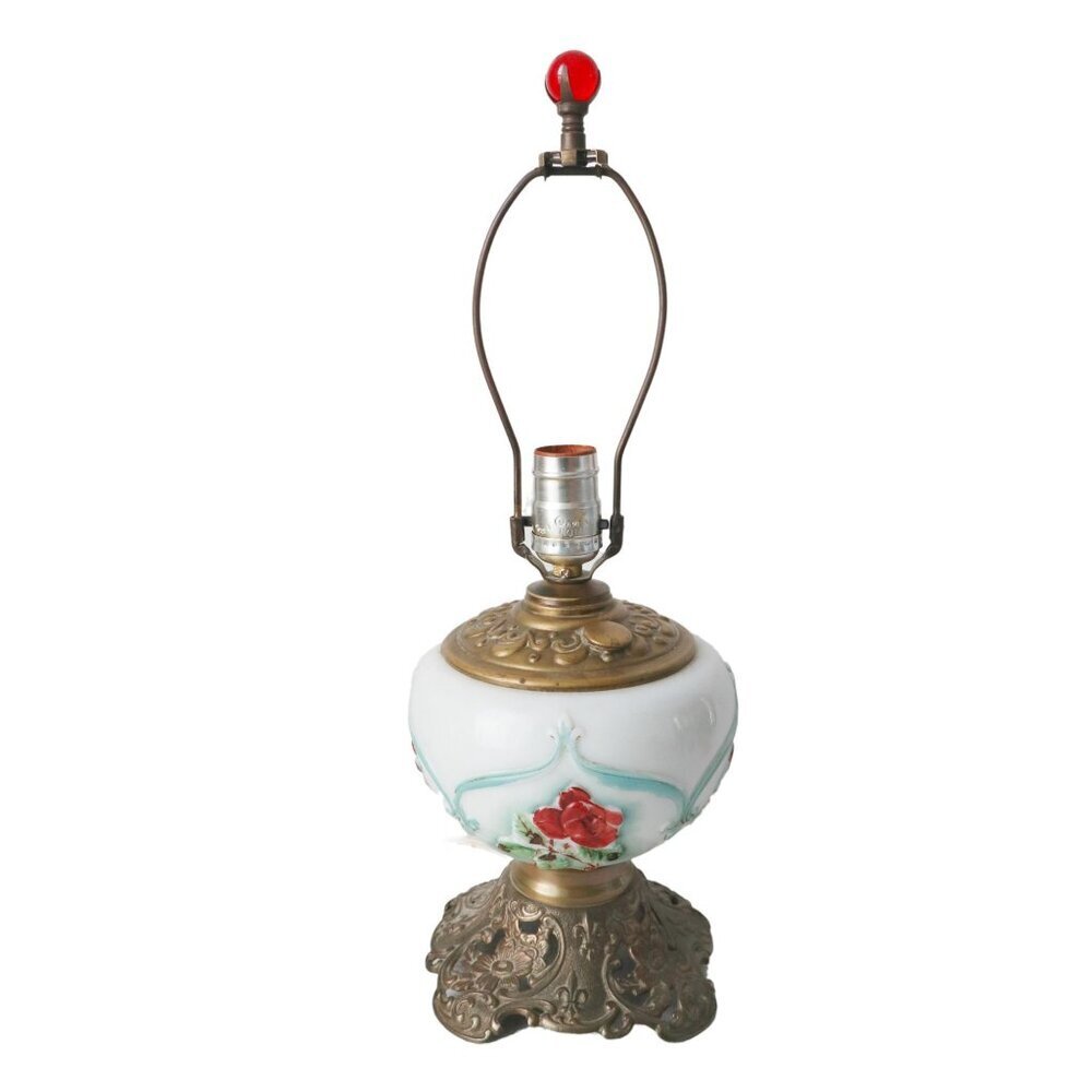 Vintage Electric Converted Oil Lamp With Ornate Base & Floral Embossed Glass Sha